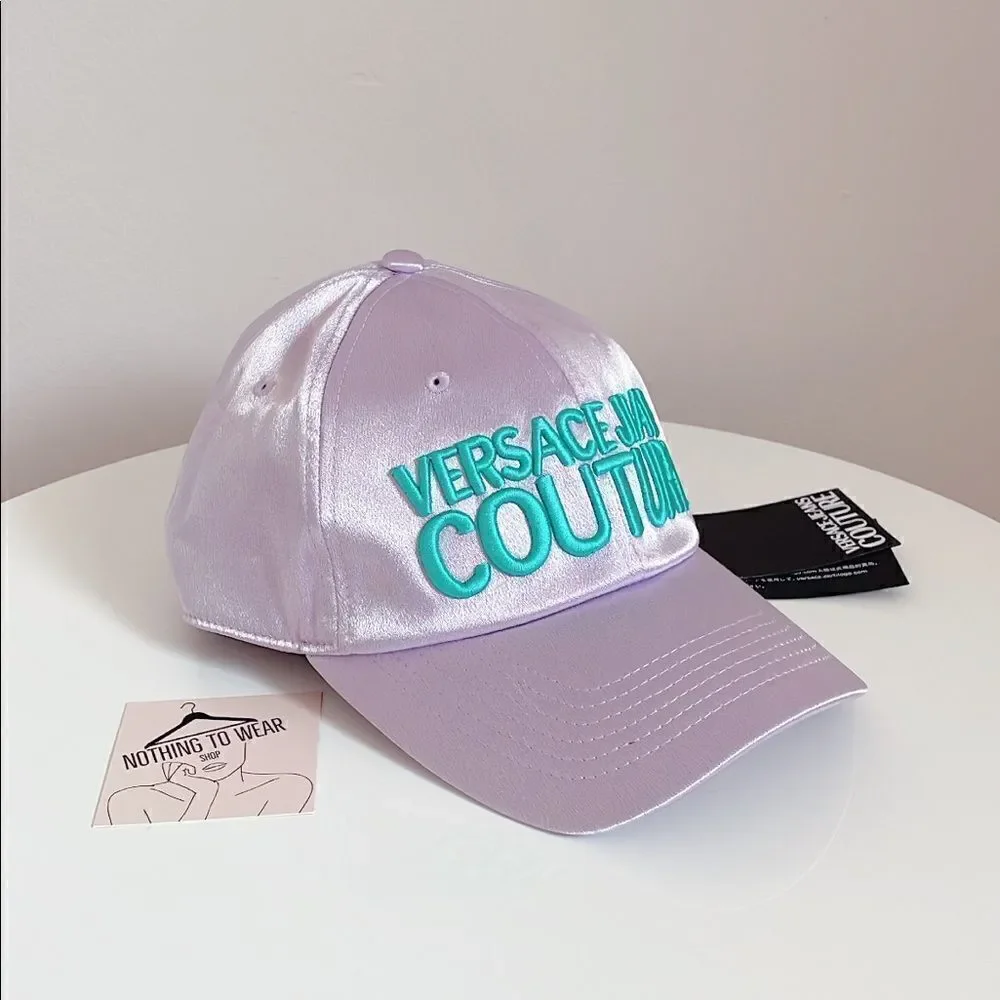 ⭕️ VERSACE JEANS Cap Hat Satin Designer Purple Turquoise Logo